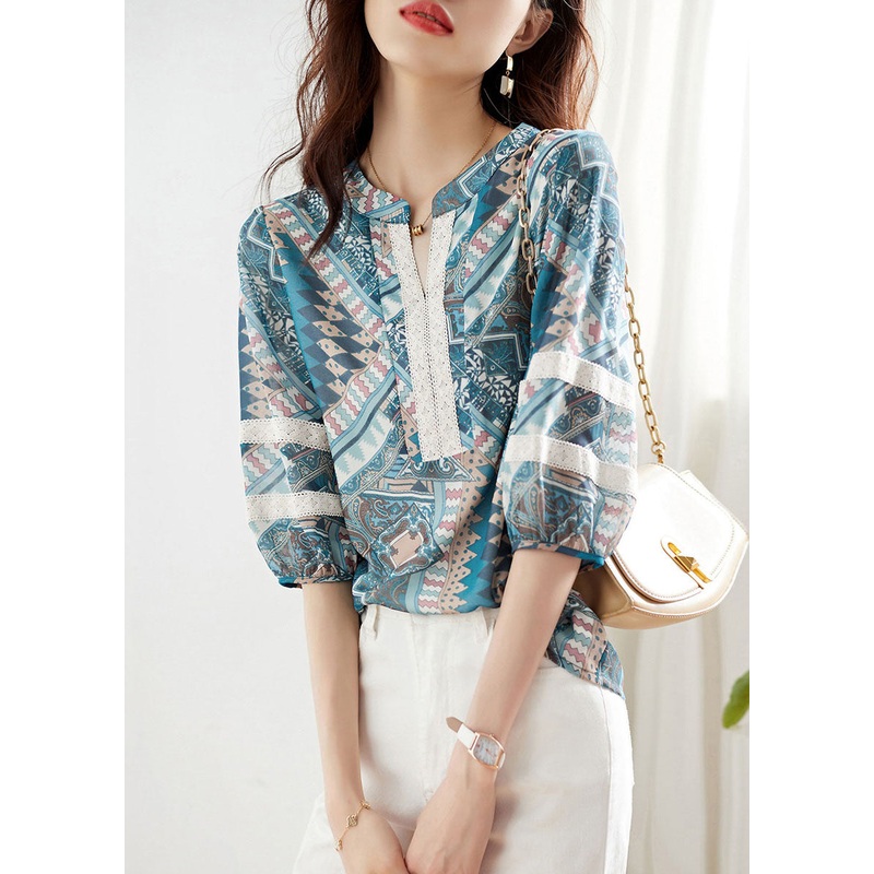Elegant Blue V Neck Print Lace Patchwork Chiffon Shirt Top Summer