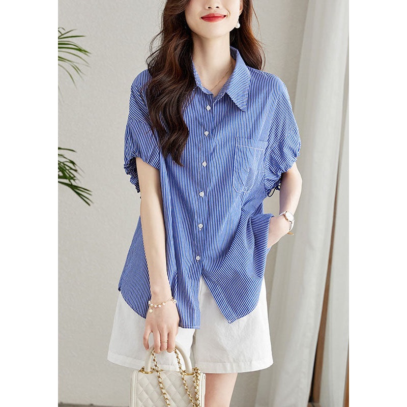 Fine Blue Peter Pan Collar Striped Button Patchwork Cotton Shirt Summer