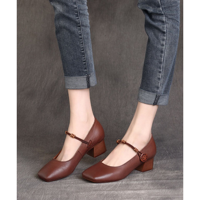 Fine Buckle Strap Splicing Chunky High Heels Brown Cowhide Leather