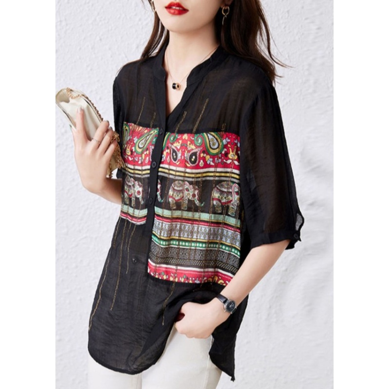 French Black V Neck Print Button Patchwork Cotton Tops Summer