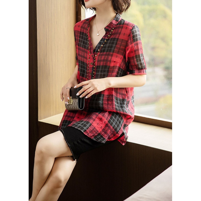 French Red V Neck Plaid Rivet Patchwork Cotton Shirts Summer