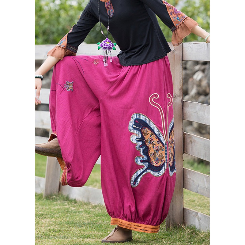 French Rose Embroideried Floral Linen Harem Pants