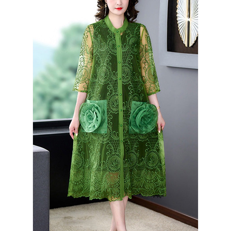 Green O-Neck Lace Patchwork Button Tulle Maxi Coats Summer