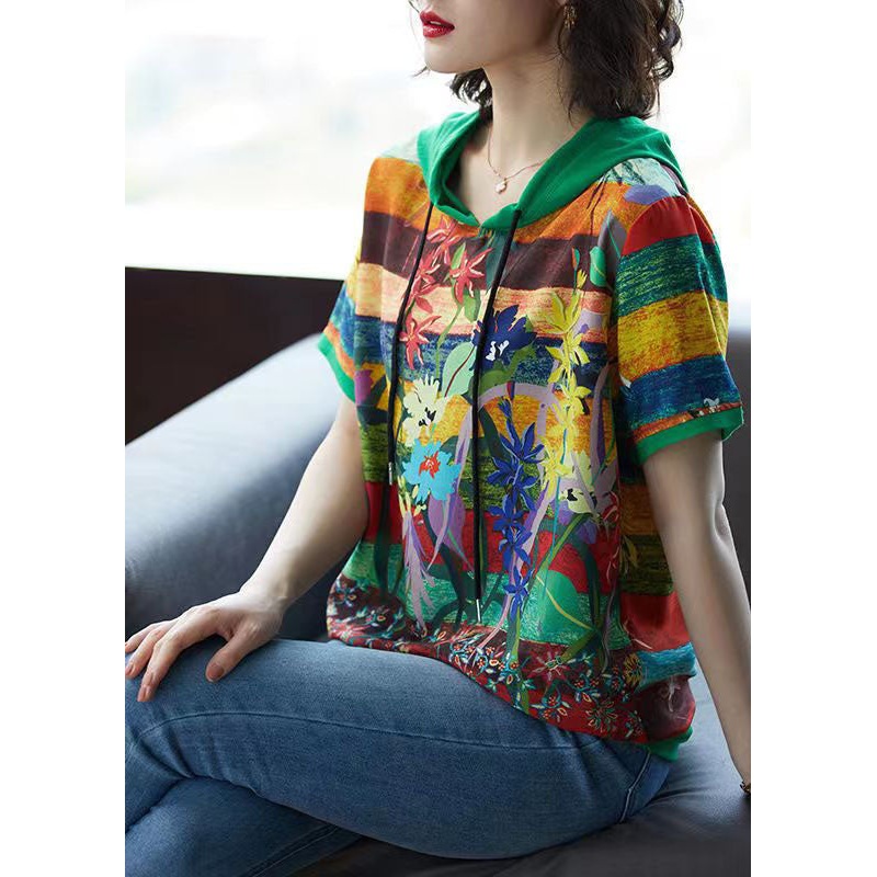 Green Print Patchwork Chiffon T Shirt Top Hooded Summer