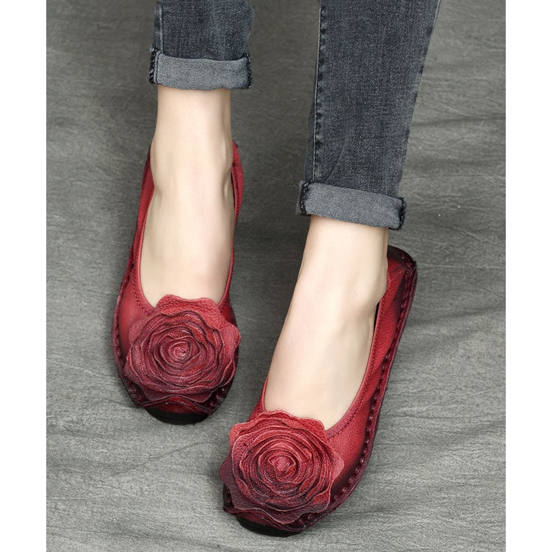 Handmade Floral Splicing Flats Red Cowhide Leather Penny Loafers
