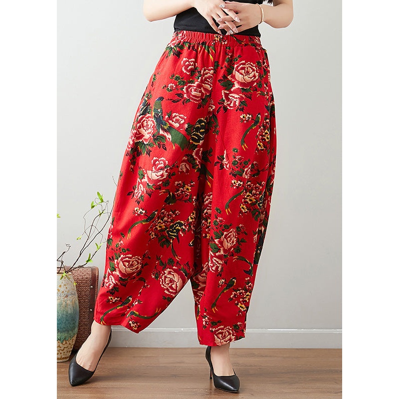 Handmade Red Print Cozy Waist Wide Pants