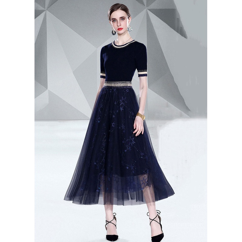 Italian Black O Neck Knit Tops And Tulle Skirts Embroideried  2 Piece Summer