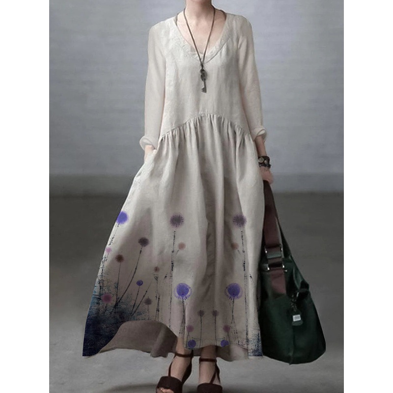 Ivory-crane Simple and Loose V-neck Cotton and Linen Dress