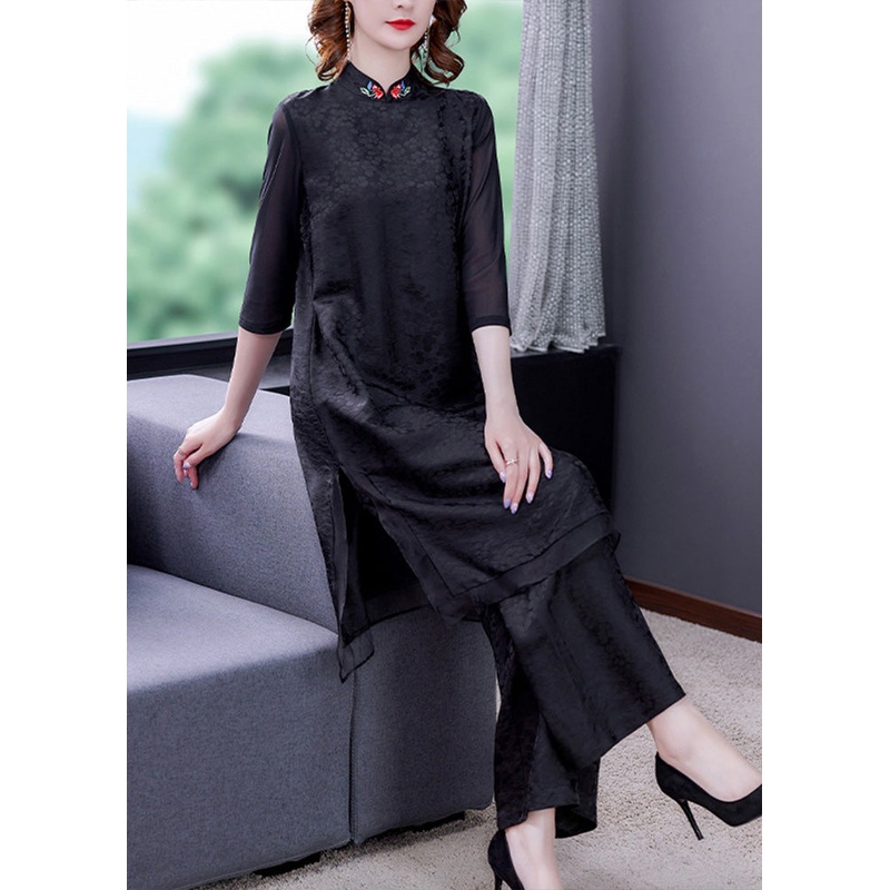 Jacquard Black Embroideried Silk Top And Wide Leg Pants Two Pieces Set Summer