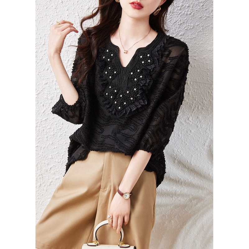 Loose Black Embroideried Nail Bead Patchwork Chiffon Shirt Tops Summer