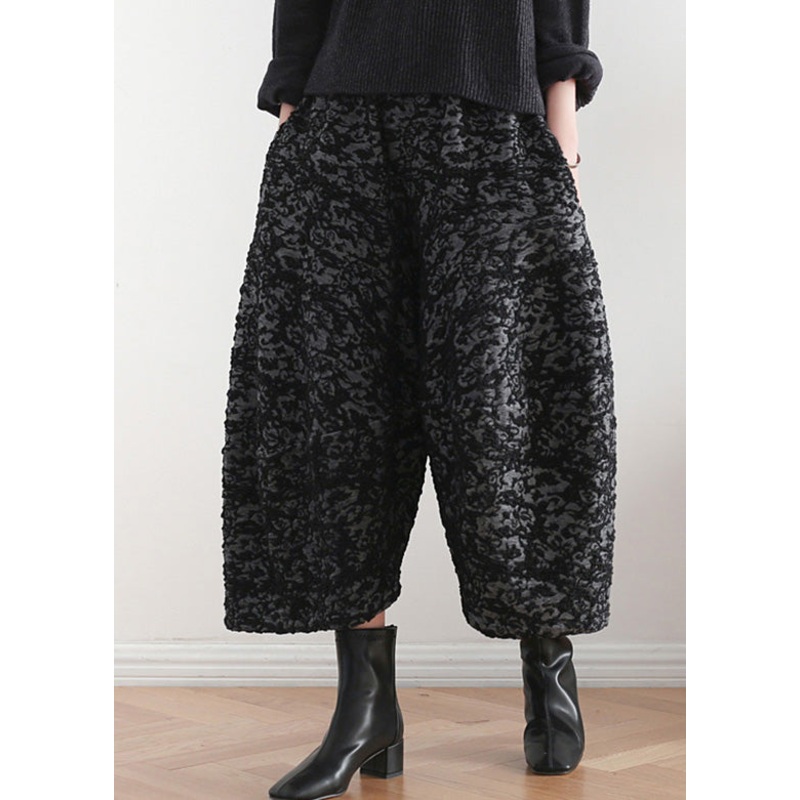 Novelty Black Print Elastic Waist Crop Harem Pants