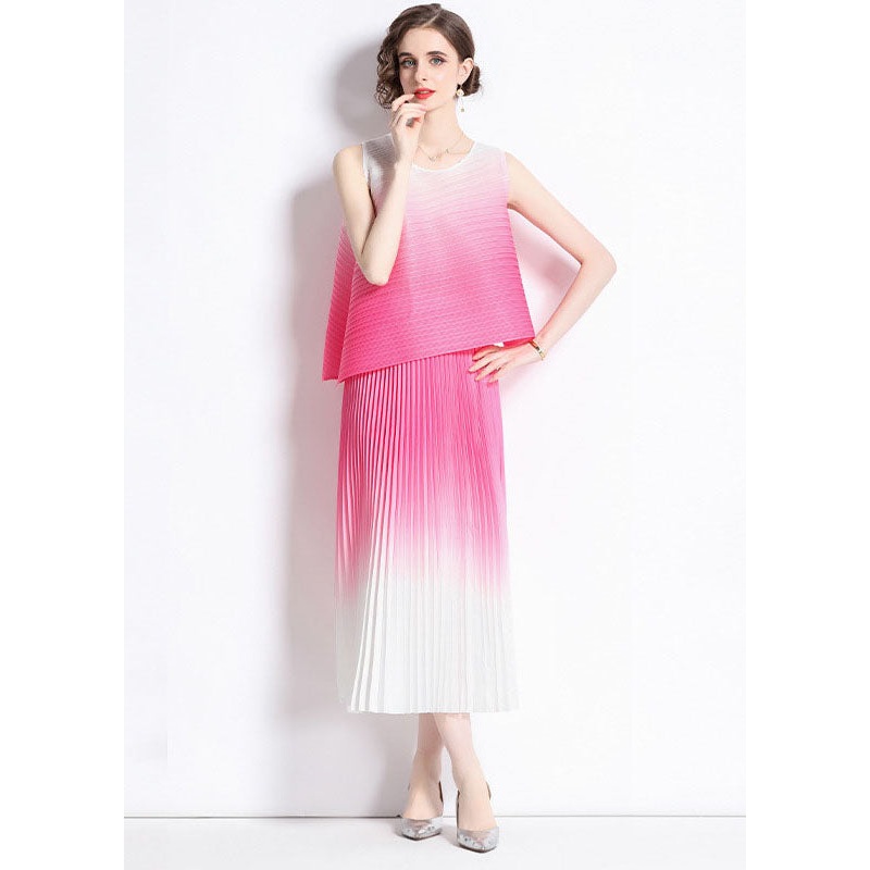Novelty Gradient Color O Neck Wrinkled Patchwork Chiffon 2 Piece Outfit Summer