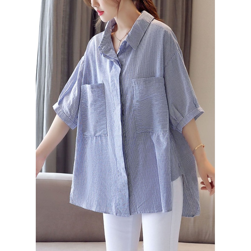 Oversized Blue Peter Pan Collar Striped Pockets Patchwork Cotton Shirts Top Summer