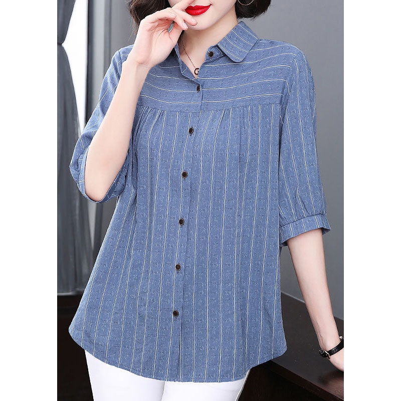 Plus Size Blue Peter Pan Collar Striped Patchwork Cotton Shirt Tops Summer