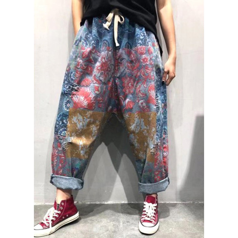 Plus Size Blue Print Tie Waist Ripped Wide Leg Pants Summer