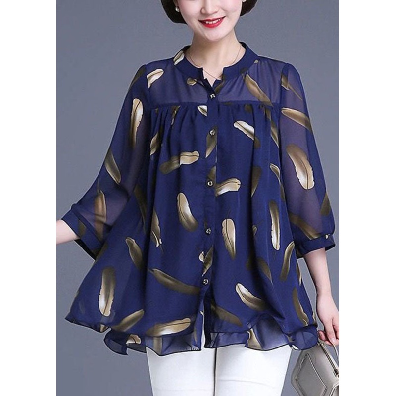 Plus Size Navy Print Wrinkled Patchwork Chiffon Blouse Tops Summer