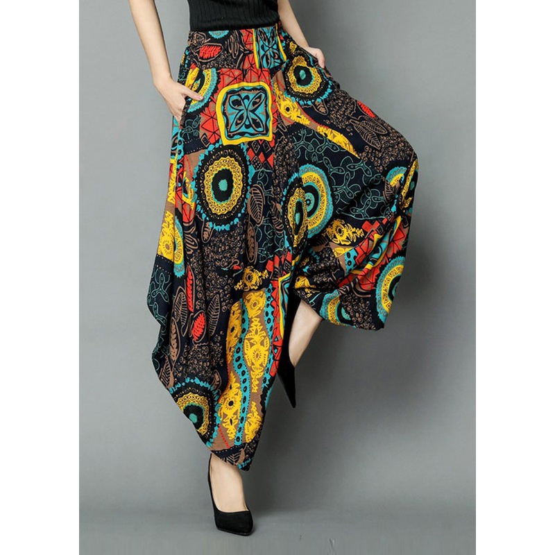 Plus Size Yellow Pockets Print Elastic Waist Crop Pants Summer