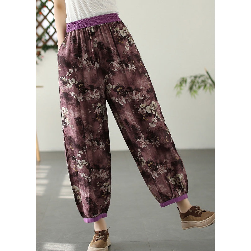 Purple Print Pockets Crop Beach Pants Summer