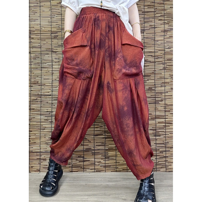 Red Print Elastic Waist Crop Wide Leg Pants