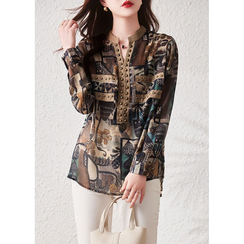 Retro Coffee Print Rivet Patchwork Cotton Shirts Top Long Sleeve