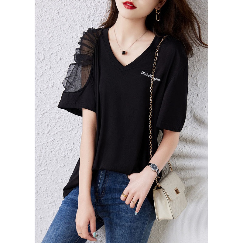 Simple Black V Neck Tulle Patchwork Cotton T Shirt Top Summer
