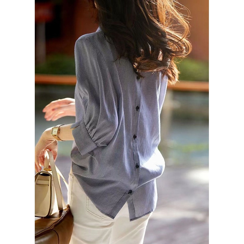 Simple Blue Plaid Peter Pan Collar Button Patchwork Cotton Shirts Bracelet Sleeve