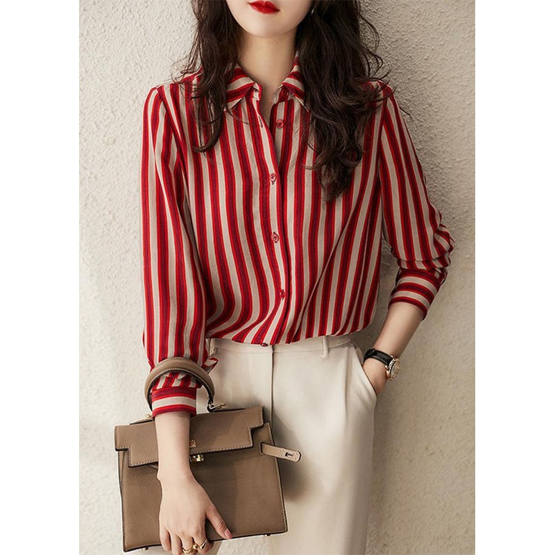 Simple Red Peter Pan Collar Striped Patchwork Chiffon Shirt Long Sleeve