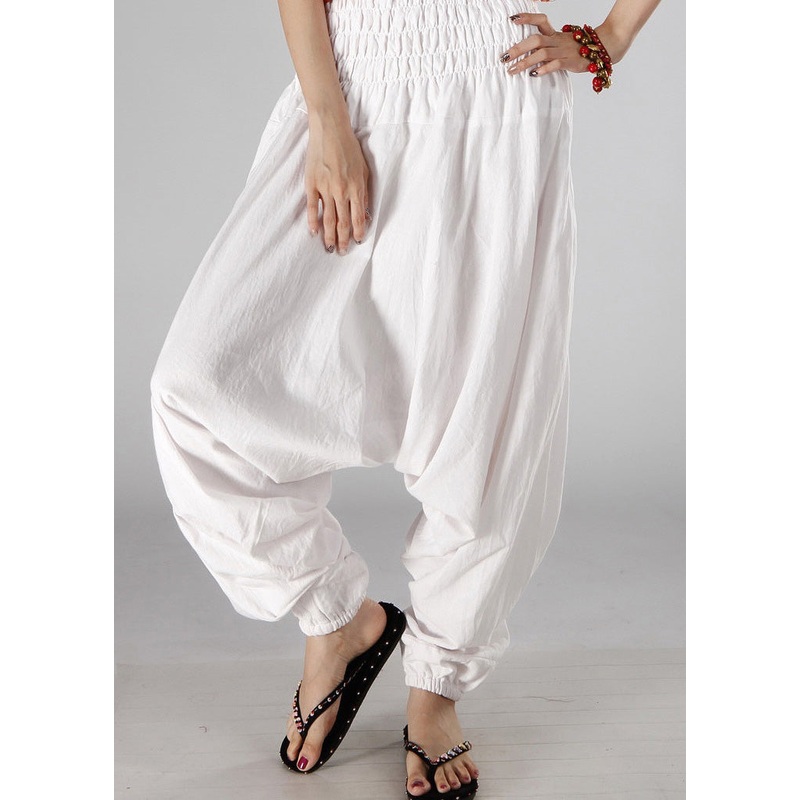 Simple White Elastic Waist Solid Cotton Lantern Pants Summer