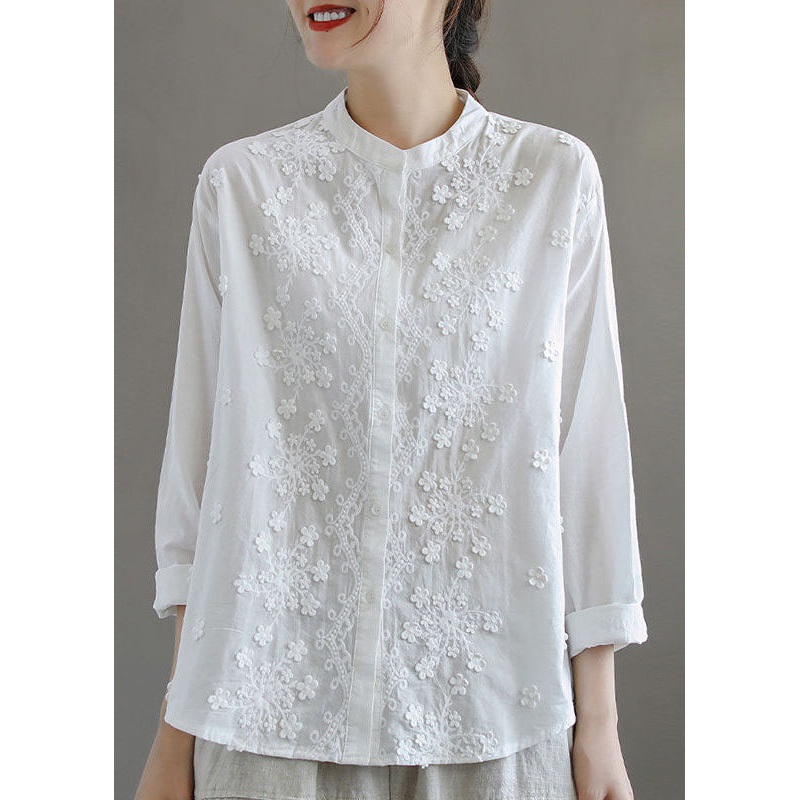 Simple White Stand Collar Embroideried Patchwork Cotton Blouses Long Sleeve