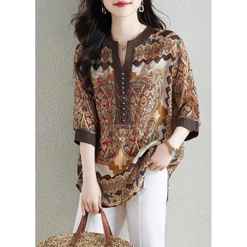 Style Khaki V Neck Print Patchwork Chiffon Shirt Tops Summer