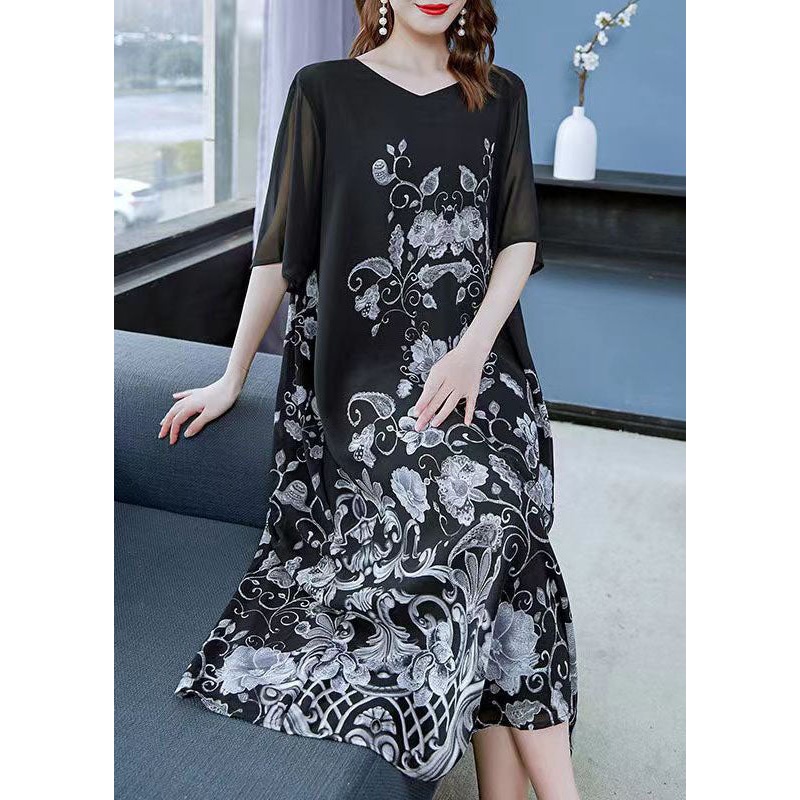 Unique Black V Neck Print Patchwork Chiffon Dress Summer