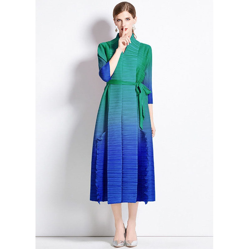 Unique Blue Gradient Ruffled Tie Waist Patchwork Chiffon Long Dress Summer