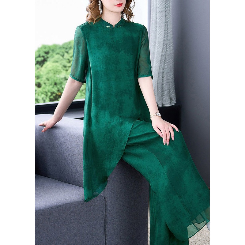 Unique Green Stand Collar Asymmetrical Silk Top And Wide Leg Pants Two Pieces Set Summer