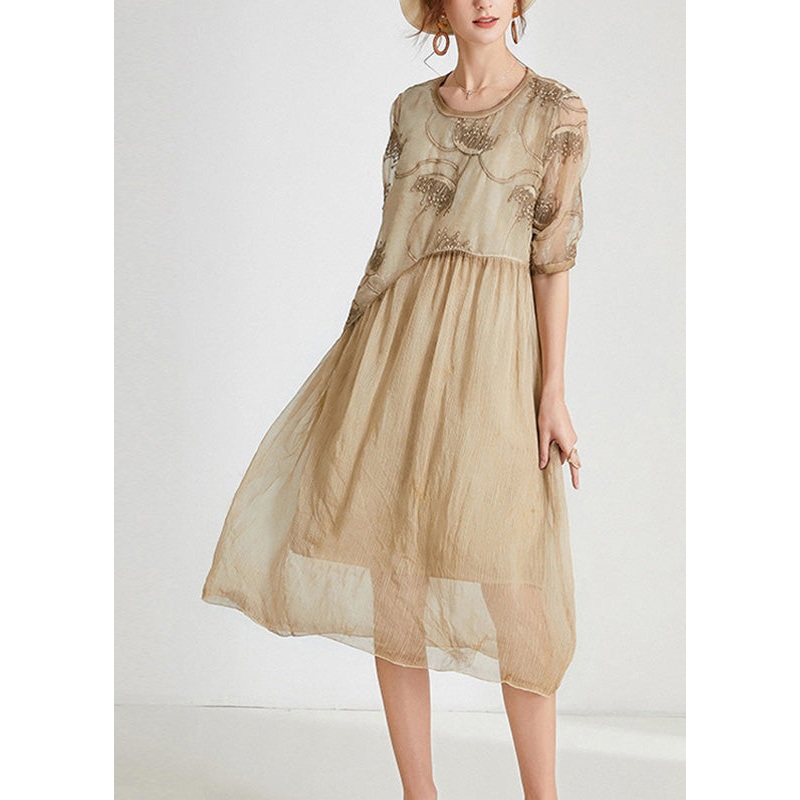 Unique Khaki O-Neck Cozy Chiffon Maxi Dress Short Sleeve