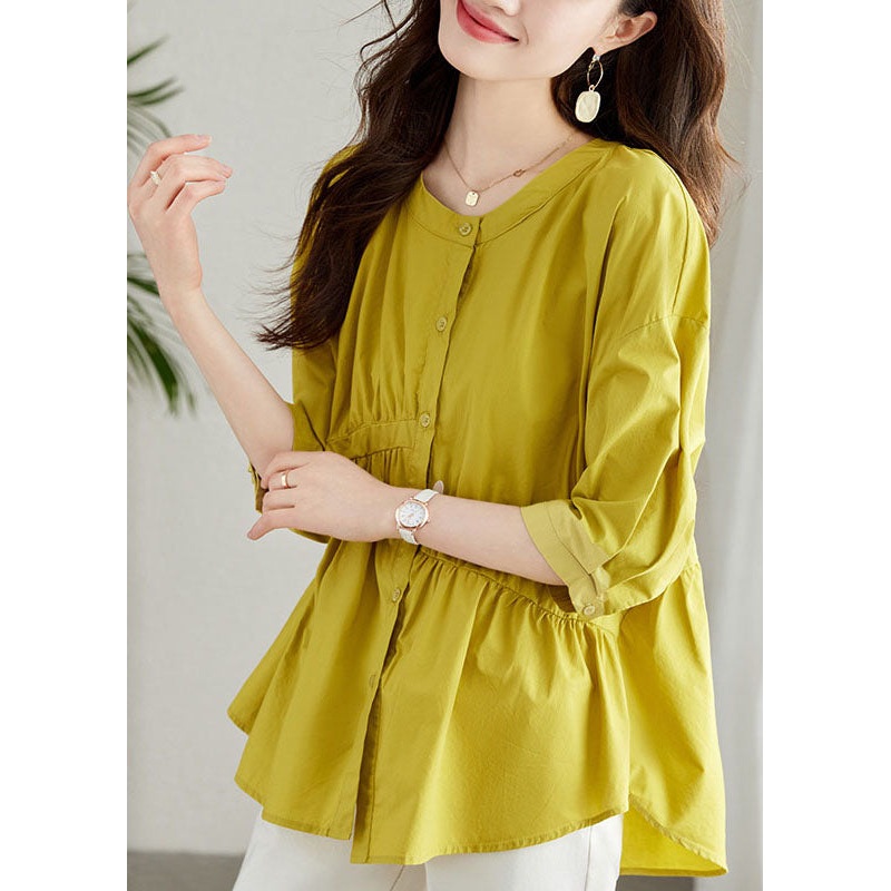 Unique Yellow Button Wrinkled Patchwork Cotton Shirts Summer