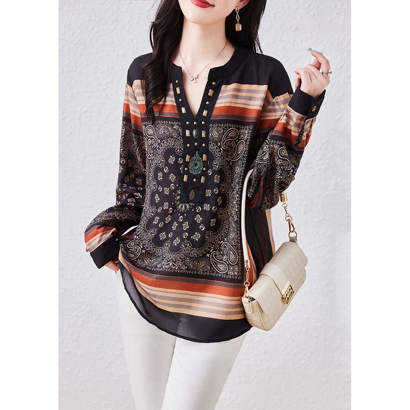 Vintage Black V Neck Print Patchwork Chiffon Blouses Long Sleeve