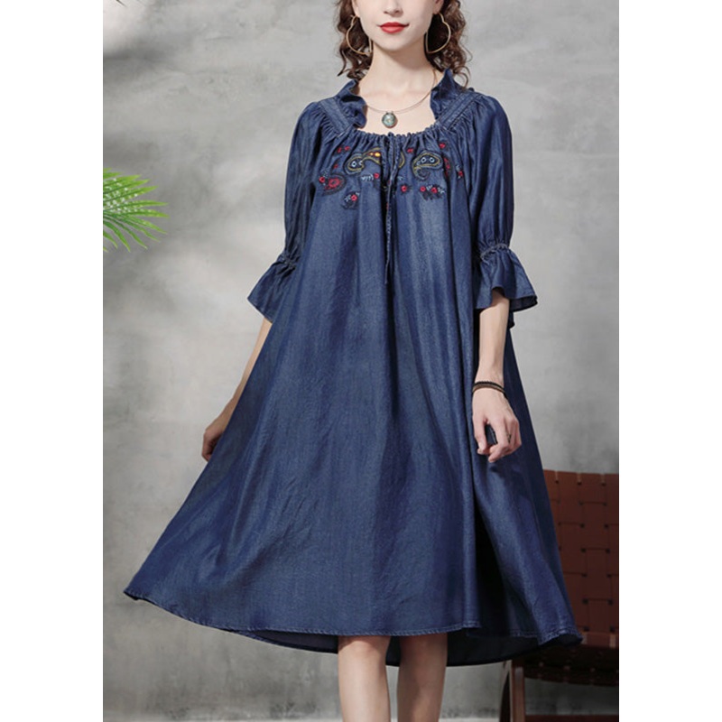 Vintage Blue Square Collar Embroideried Floral Ruffled Patchwork Long Dresses Half Sleeve