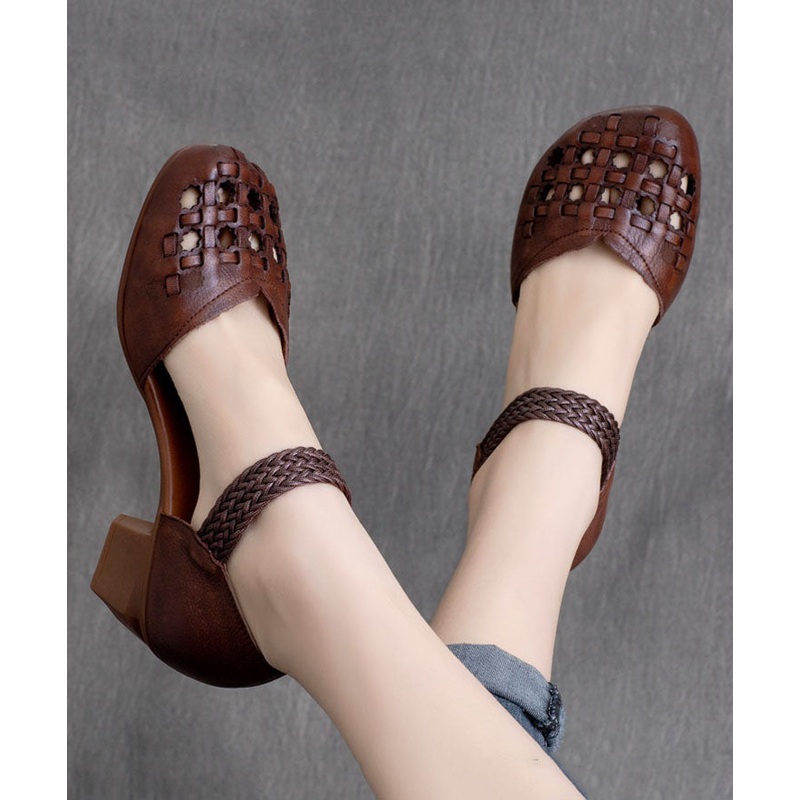 Vintage Buckle Strap Hollow Out Splicing Chunky Heel Brown Cowhide Leather