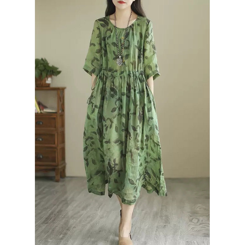 Vintage Green O-Neck Print Wrinkled Long Dress Summer