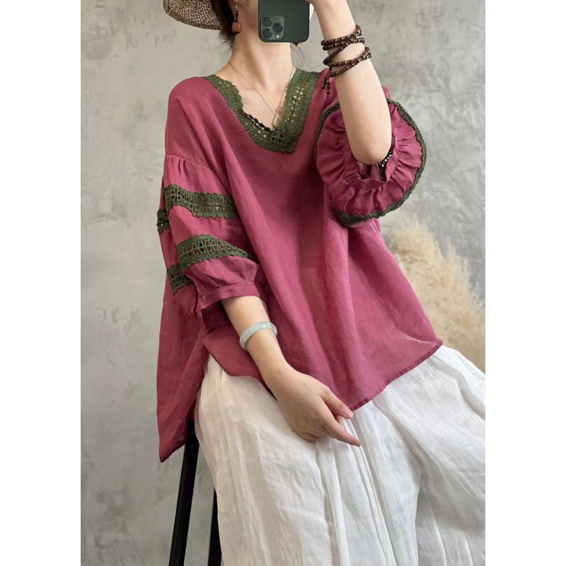 Vintage Rose V Neck Hollow Out Lace Patchwork Linen Tops Lantern Sleeve