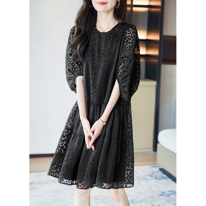 Vogue Black O-Neck Print Mid Dresses Summer