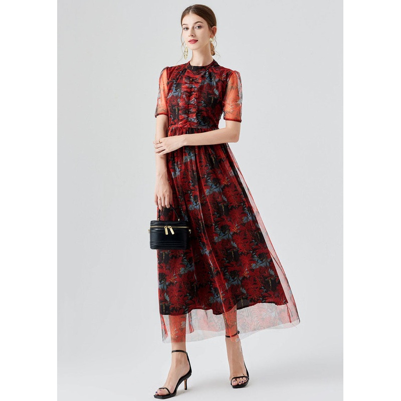 Vogue Red Ruffled Print Patchwork Tulle Long Dress Summer