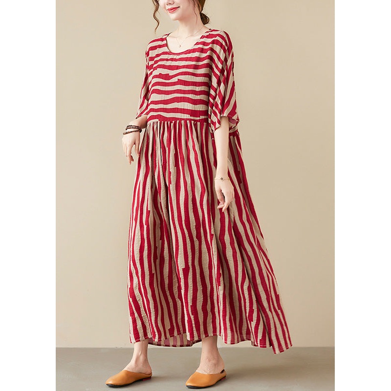 Vogue Red Striped O-Neck Long Dresses Short Sleeve