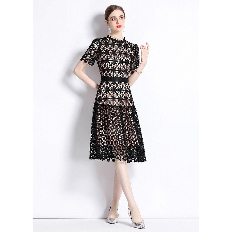 Women Black Embroideried Hollow Out Patchwork Lace Dress Summer