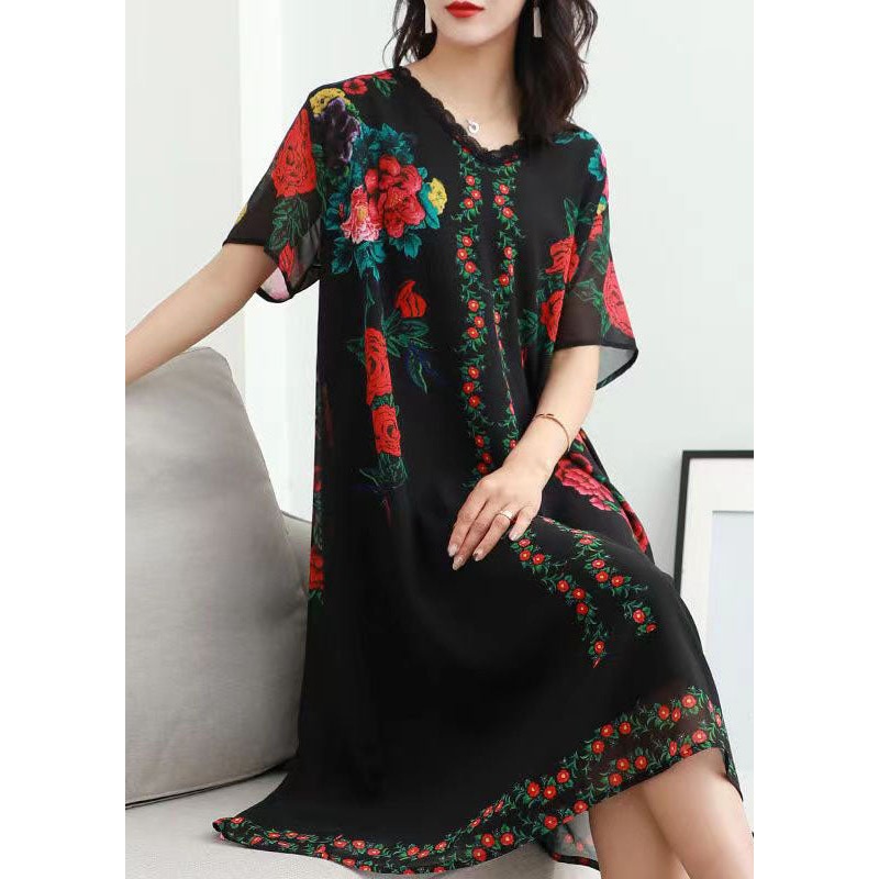 Women Black V Neck Rose Print Patchwork Chiffon Dresses Summer