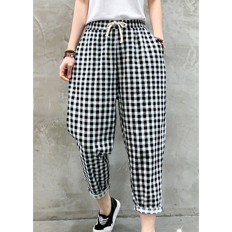 Women Black White Plaid Tie Waist Crop Beam Pants