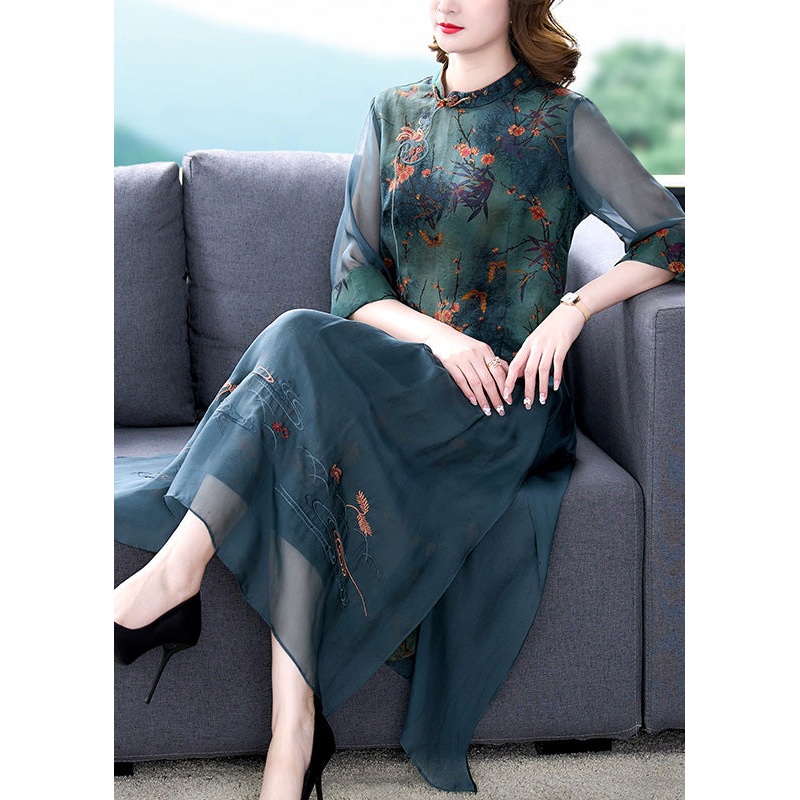Women Green Embroideried Button Silk Shirts And Maxi Skirts Two Pieces Set Half Sleeve