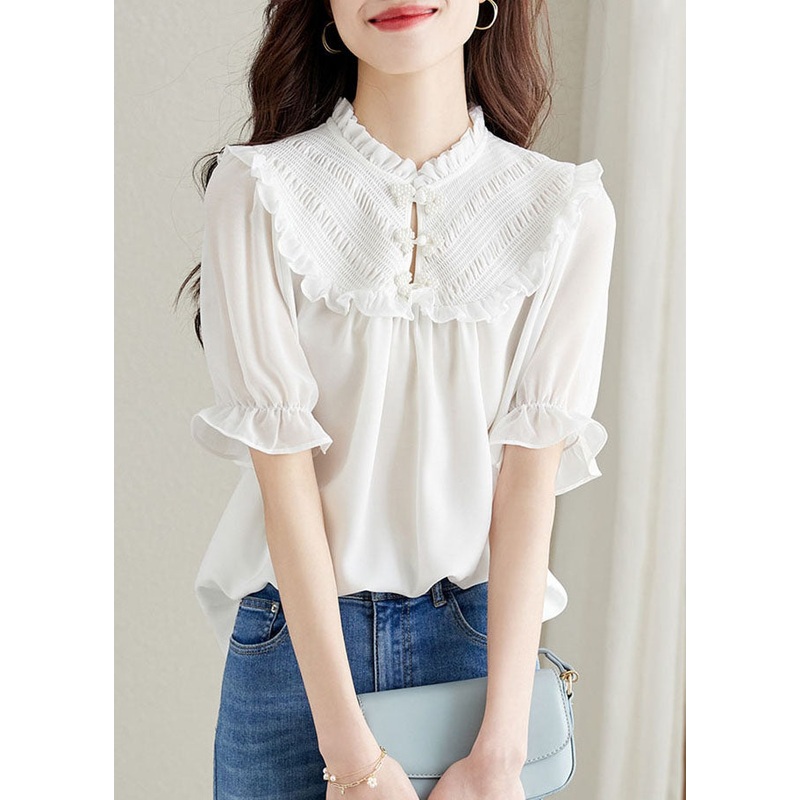 Women White Ruffled Chinese Button Patchwork Chiffon Shirt Top Summer