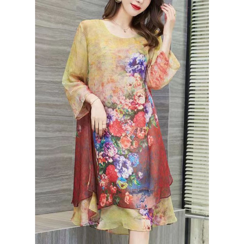 Women Yellow O Neck Print Patchwork Chiffon Dress Summer