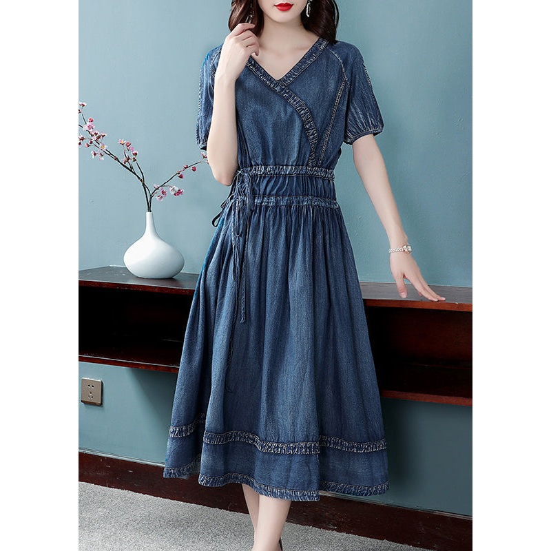 2022 Blue Cinched V Neck Cotton Denim Dress Short Sleeve